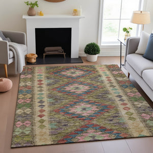 HomeRoots 10' X 14' Geometric Area Rug in Green, Pink & Blue - Washable, UV-Protected & Stain Resistant Design 691836