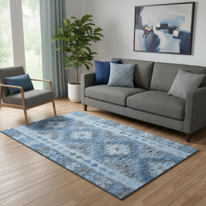 HomeRoots 5' X 8' Modern Navy Blue Gray Silver Geometric Area Rug – Washable, UV Protected, Pet Friendly! 691838