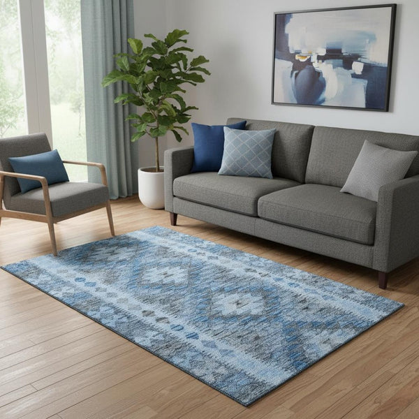 HomeRoots 5' X 8' Modern Navy Blue Gray Silver Geometric Area Rug – Washable, UV Protected, Pet Friendly! 691838