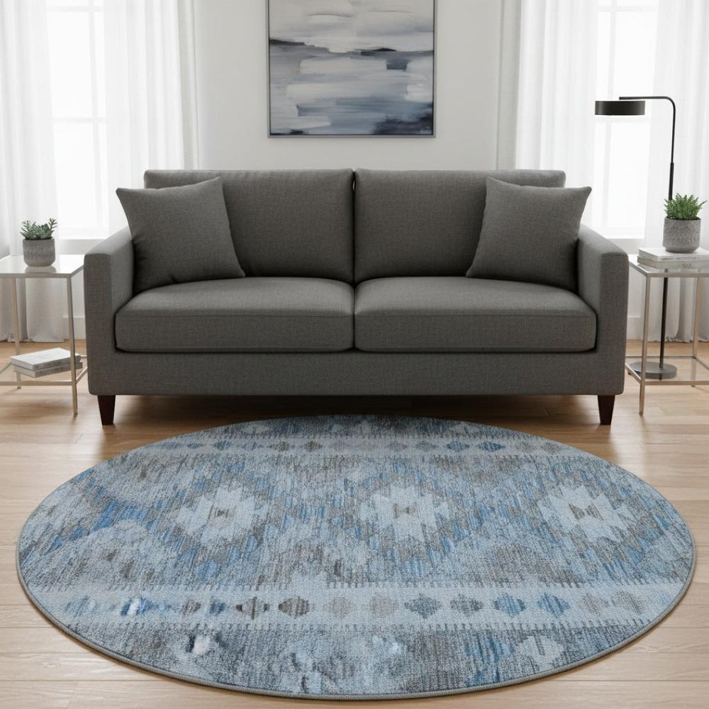 HomeRoots 8' X 8' Navy Blue Gray Silver Geometric Washable Round Rug – UV Protected, Stain-Resistant Design! 691839