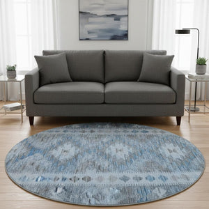 HomeRoots 8' X 8' Navy Blue Gray Silver Geometric Washable Round Rug – UV Protected, Stain-Resistant Design! 691839