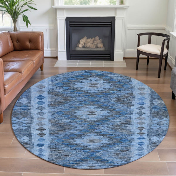 HomeRoots 8' X 8' Navy Blue Gray Silver Geometric Washable Round Rug – UV Protected, Stain-Resistant Design! 691839