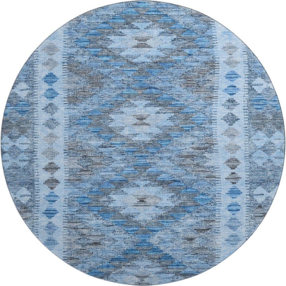 HomeRoots 8' X 8' Navy Blue Gray Silver Geometric Washable Round Rug – UV Protected, Stain-Resistant Design! 691839
