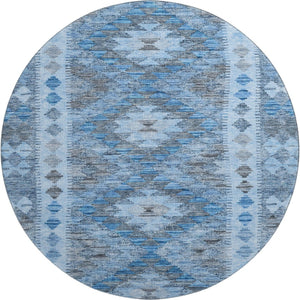 HomeRoots 8' X 8' Navy Blue Gray Silver Geometric Washable Round Rug – UV Protected, Stain-Resistant Design! 691839