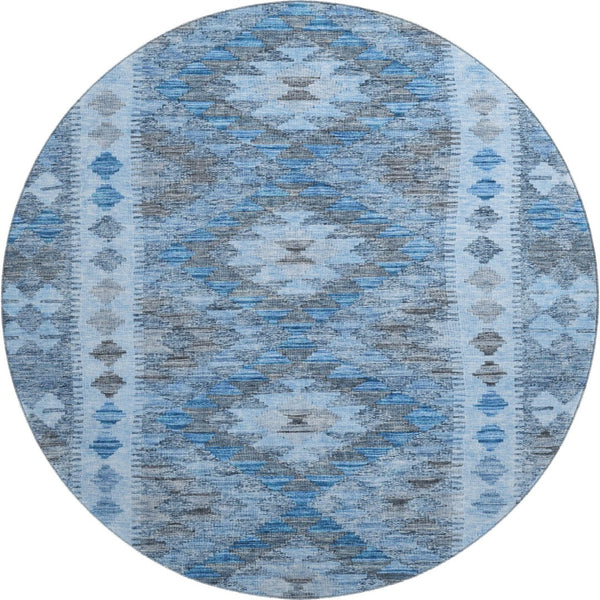 HomeRoots 8' X 8' Navy Blue Gray Silver Geometric Washable Round Rug – UV Protected, Stain-Resistant Design! 691839