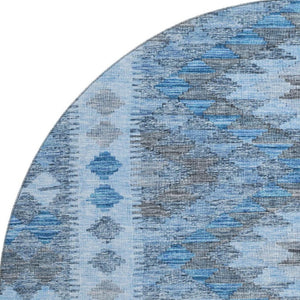 HomeRoots 8' X 8' Navy Blue Gray Silver Geometric Washable Round Rug – UV Protected, Stain-Resistant Design! 691839