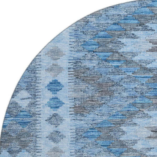 HomeRoots 8' X 8' Navy Blue Gray Silver Geometric Washable Round Rug – UV Protected, Stain-Resistant Design! 691839