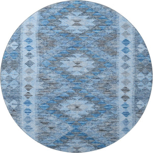 HomeRoots 8' X 8' Navy Blue Gray Silver Geometric Washable Round Rug – UV Protected, Stain-Resistant Design! 691839