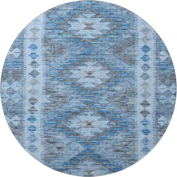 HomeRoots 8' X 8' Navy Blue Gray Silver Geometric Washable Round Rug – UV Protected, Stain-Resistant Design! 691839
