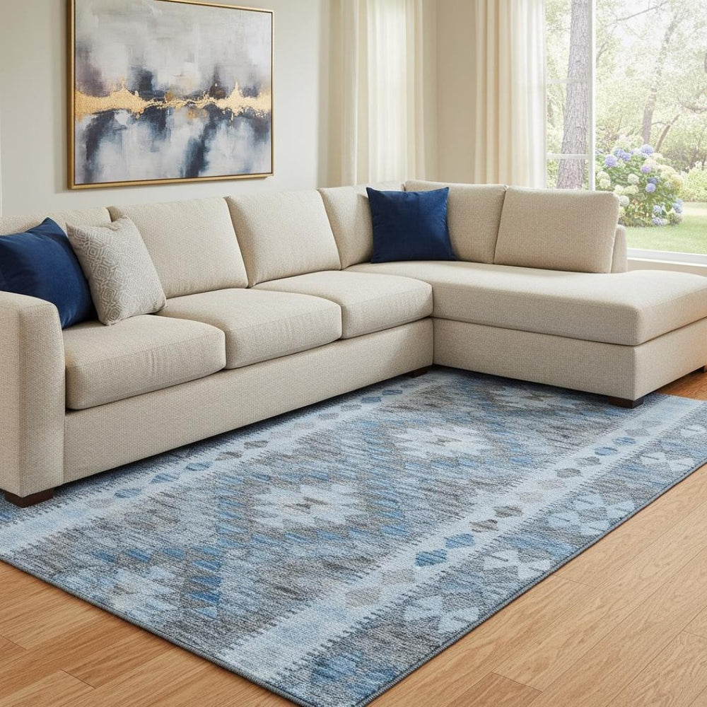 HomeRoots 8' Navy Blue Gray and Silver Geometric Washable Area Rug - Stylish, Durable, and UV Protected Design 691840