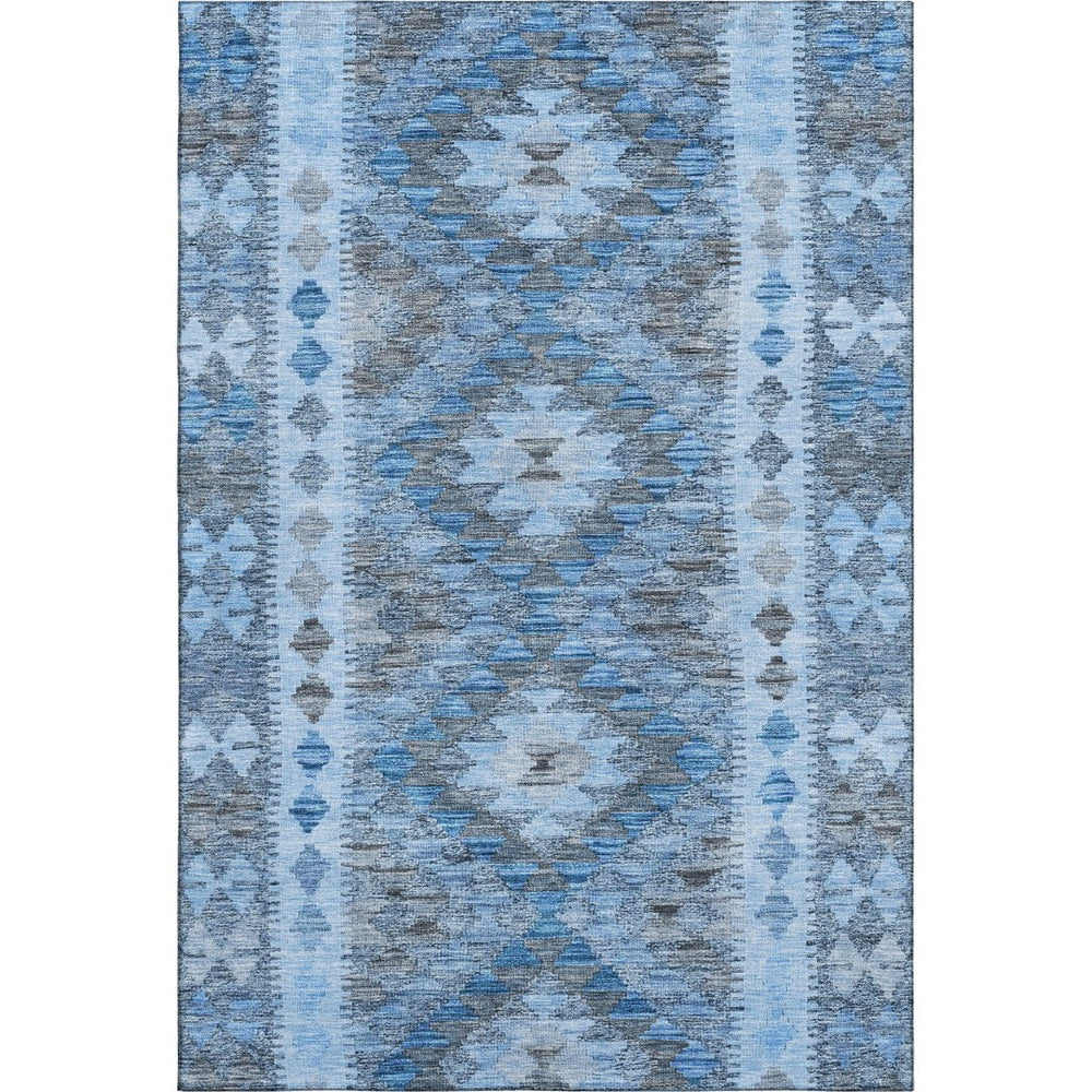 HomeRoots 8' Navy Blue Gray and Silver Geometric Washable Area Rug - Stylish, Durable, and UV Protected Design 691840