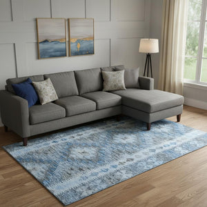 HomeRoots 9' X 12' Geometric Washable Area Rug in Navy, Gray & Silver - Durable, UV-Protected, Stylish Décor 691841