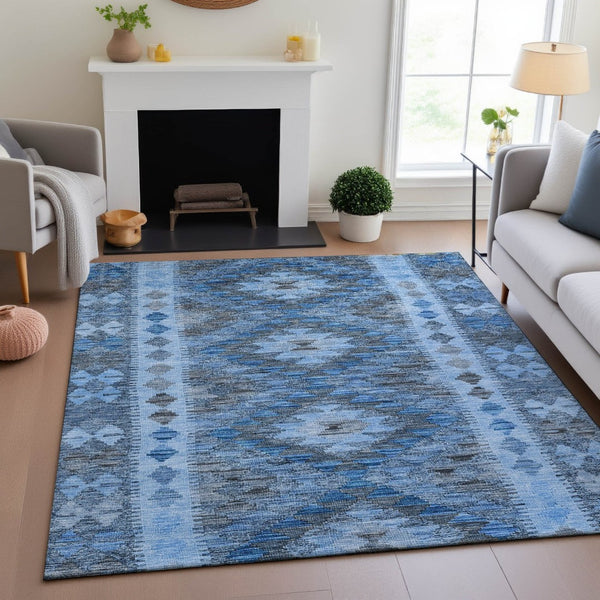 HomeRoots 9' X 12' Geometric Washable Area Rug in Navy, Gray & Silver - Durable, UV-Protected, Stylish Décor 691841