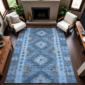 HomeRoots 9' X 12' Geometric Washable Area Rug in Navy, Gray & Silver - Durable, UV-Protected, Stylish Décor 691841