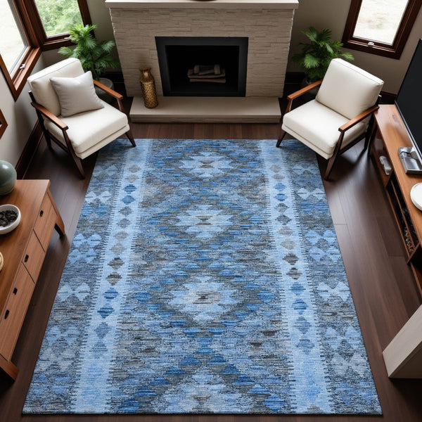 HomeRoots 9' X 12' Geometric Washable Area Rug in Navy, Gray & Silver - Durable, UV-Protected, Stylish Décor 691841