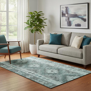 HomeRoots 5' X 8' Washable Teal Gray Aqua Geometric Area Rug with UV Protection for Stylish, Durable Comfort 691844