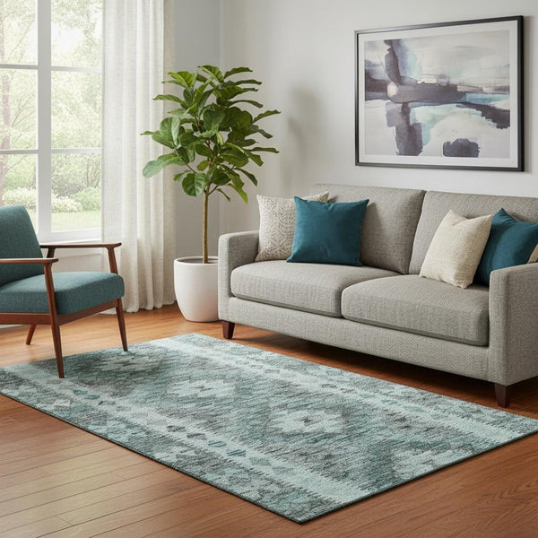 HomeRoots 5' X 8' Washable Teal Gray Aqua Geometric Area Rug with UV Protection for Stylish, Durable Comfort 691844