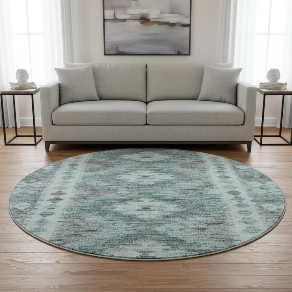 HomeRoots 8' X 8' Teal Gray Aqua Geometric Washable Round Rug - Stylish, Durable, UV Protected for High Traffic Areas 691845