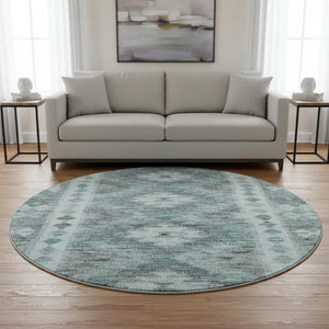 HomeRoots 8' X 8' Teal Gray Aqua Geometric Washable Round Rug - Stylish, Durable, UV Protected for High Traffic Areas 691845