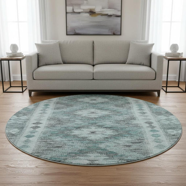 HomeRoots 8' X 8' Teal Gray Aqua Geometric Washable Round Rug - Stylish, Durable, UV Protected for High Traffic Areas 691845