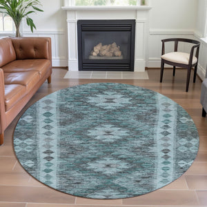 HomeRoots 8' X 8' Teal Gray Aqua Geometric Washable Round Rug - Stylish, Durable, UV Protected for High Traffic Areas 691845