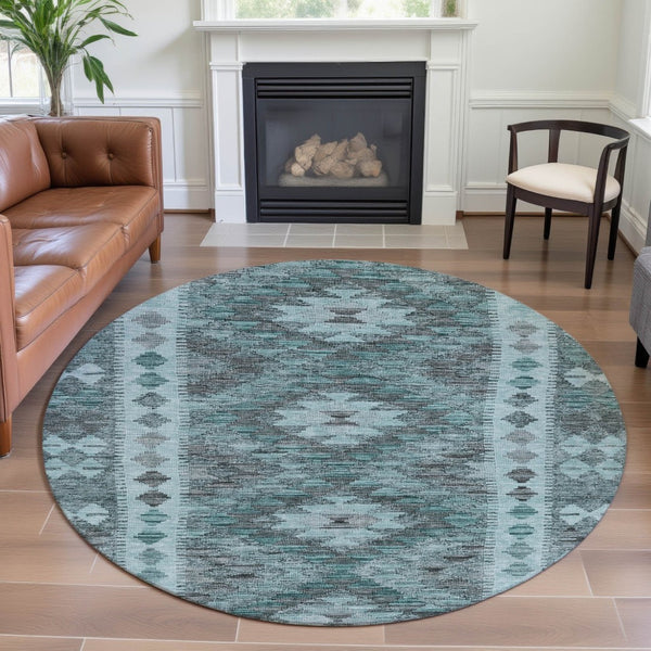 HomeRoots 8' X 8' Teal Gray Aqua Geometric Washable Round Rug - Stylish, Durable, UV Protected for High Traffic Areas 691845