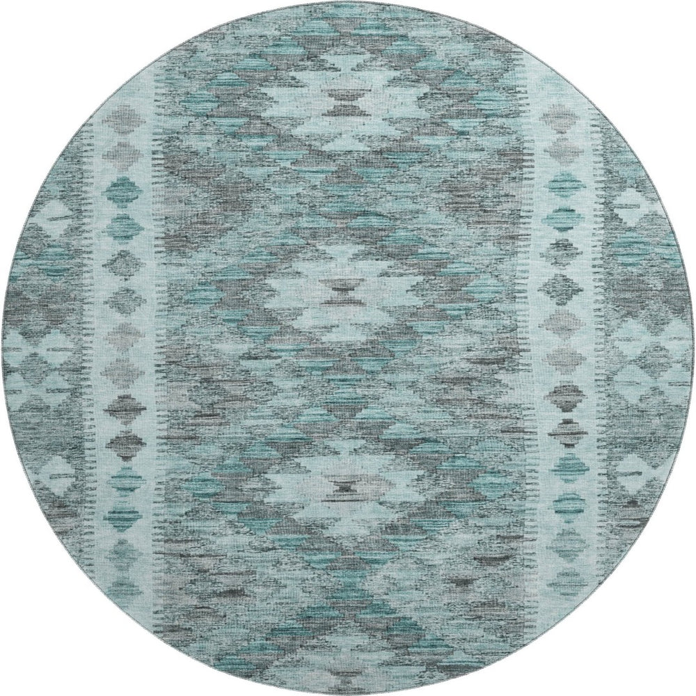 HomeRoots 8' X 8' Teal Gray Aqua Geometric Washable Round Rug - Stylish, Durable, UV Protected for High Traffic Areas 691845