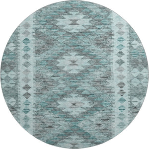 HomeRoots 8' X 8' Teal Gray Aqua Geometric Washable Round Rug - Stylish, Durable, UV Protected for High Traffic Areas 691845