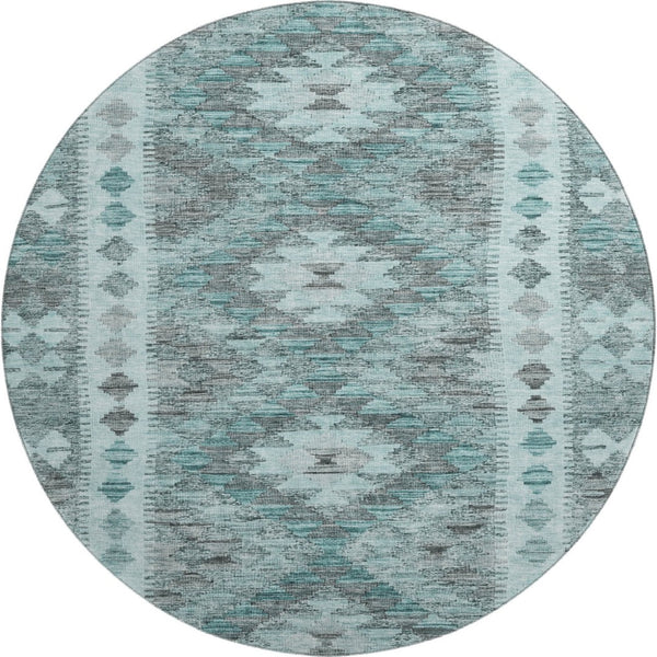 HomeRoots 8' X 8' Teal Gray Aqua Geometric Washable Round Rug - Stylish, Durable, UV Protected for High Traffic Areas 691845