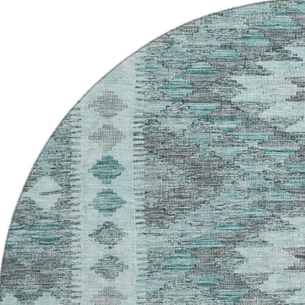 HomeRoots 8' X 8' Teal Gray Aqua Geometric Washable Round Rug - Stylish, Durable, UV Protected for High Traffic Areas 691845