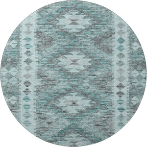 HomeRoots 8' X 8' Teal Gray Aqua Geometric Washable Round Rug - Stylish, Durable, UV Protected for High Traffic Areas 691845