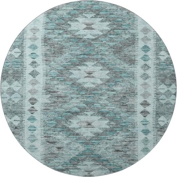 HomeRoots 8' X 8' Teal Gray Aqua Geometric Washable Round Rug - Stylish, Durable, UV Protected for High Traffic Areas 691845