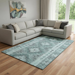 HomeRoots 8' Teal Gray Aqua Geometric Washable Area Rug – UV Protected, Stain Resistant for Family-Friendly Spaces 691846