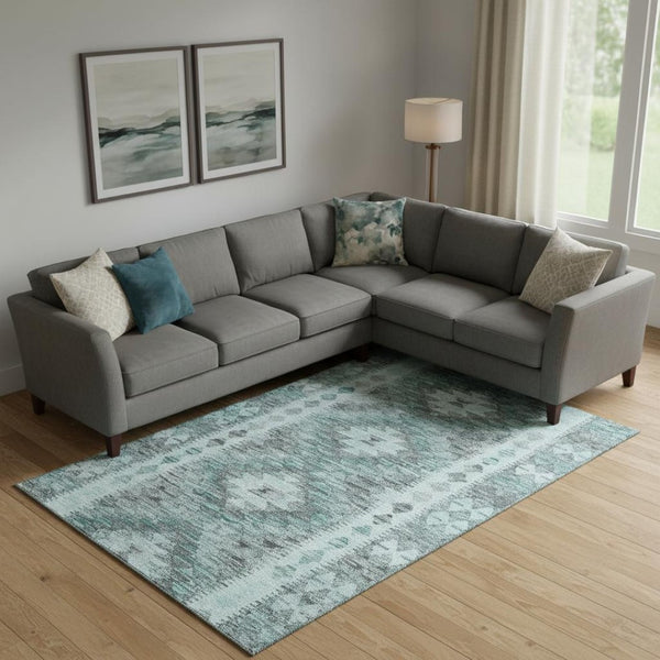 HomeRoots 9' X 12' Teal Gray Aqua Geometric Area Rug - Durable, Stain-Resistant with UV Protection for Homes 691847