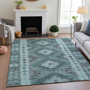 HomeRoots 9' X 12' Teal Gray Aqua Geometric Area Rug - Durable, Stain-Resistant with UV Protection for Homes 691847