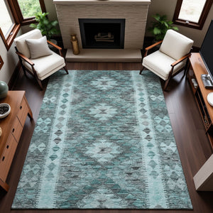 HomeRoots 9' X 12' Teal Gray Aqua Geometric Area Rug - Durable, Stain-Resistant with UV Protection for Homes 691847