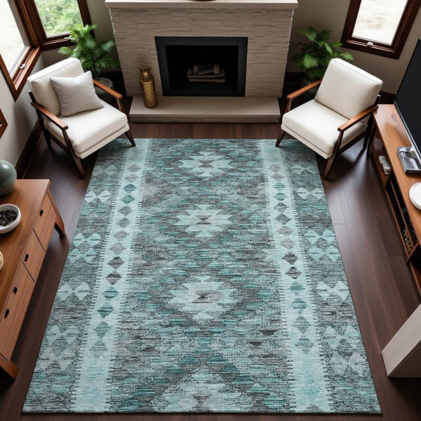 HomeRoots 9' X 12' Teal Gray Aqua Geometric Area Rug - Durable, Stain-Resistant with UV Protection for Homes 691847