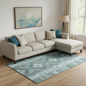 HomeRoots 10' X 14' Teal Gray Aqua Geometric Washable Area Rug with UV Protection for Modern Living Spaces 691848