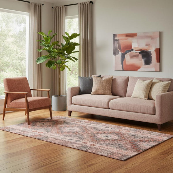 HomeRoots 5' X 8' Stylish Terra Cotta Gray & Silver Geometric Area Rug – Washable, UV-Protected, Durable Design 691850