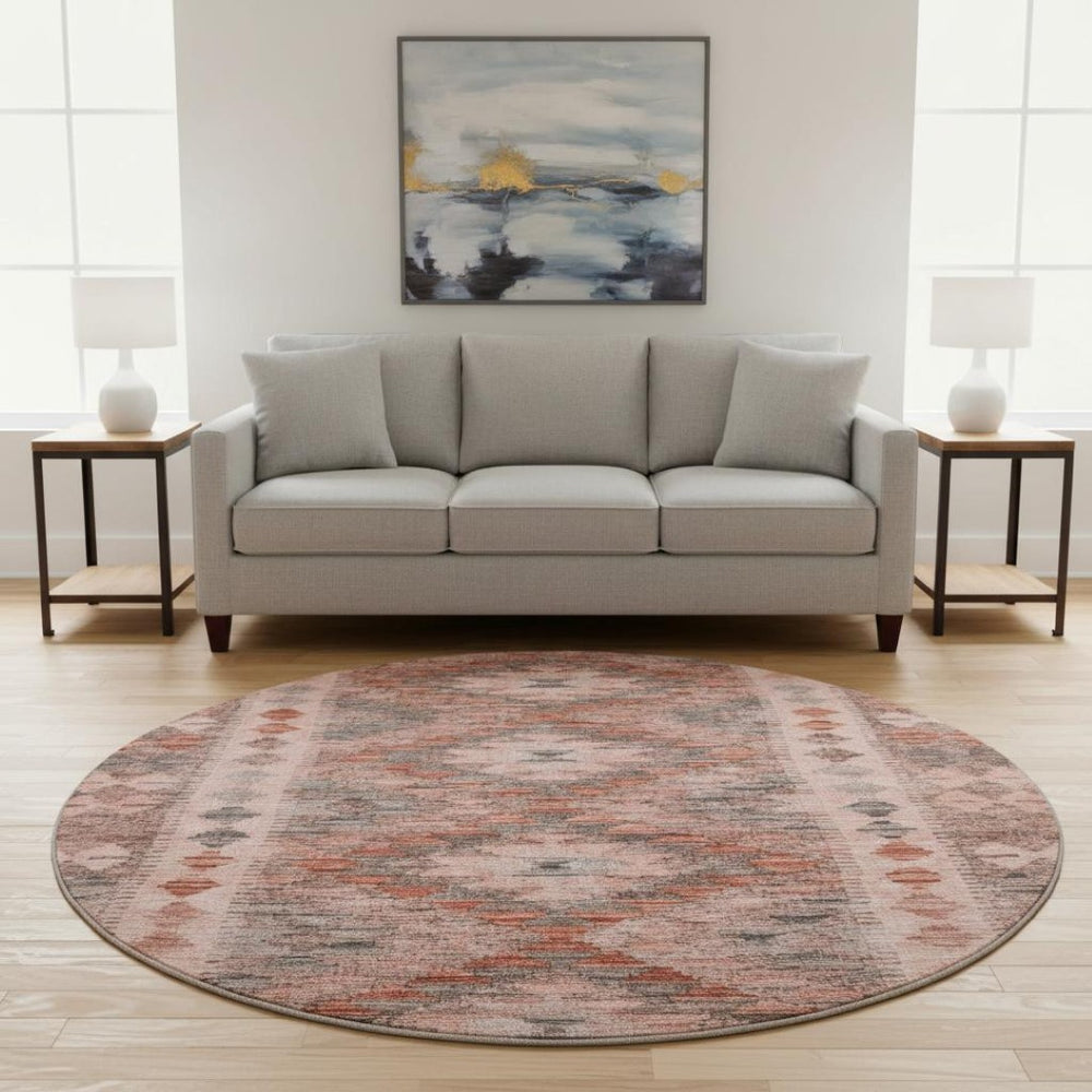HomeRoots 8' X 8' Stylish Terra Cotta Gray Silver Geometric Washable Rug with UV Defense for High-Traffic Areas 691851