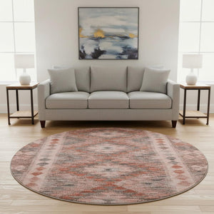 HomeRoots 8' X 8' Stylish Terra Cotta Gray Silver Geometric Washable Rug with UV Defense for High-Traffic Areas 691851