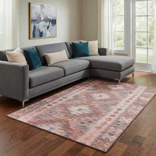 HomeRoots 8' Stylish Terra Cotta, Gray & Silver Geometric Washable Area Rug with UV Protection for Homes 691852