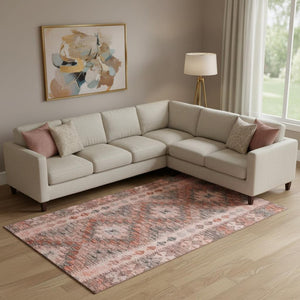 HomeRoots 9' X 12' Stylish Terra Cotta, Gray & Silver Geometric Washable Area Rug with UV Protection & Non-Slip Backing 691853