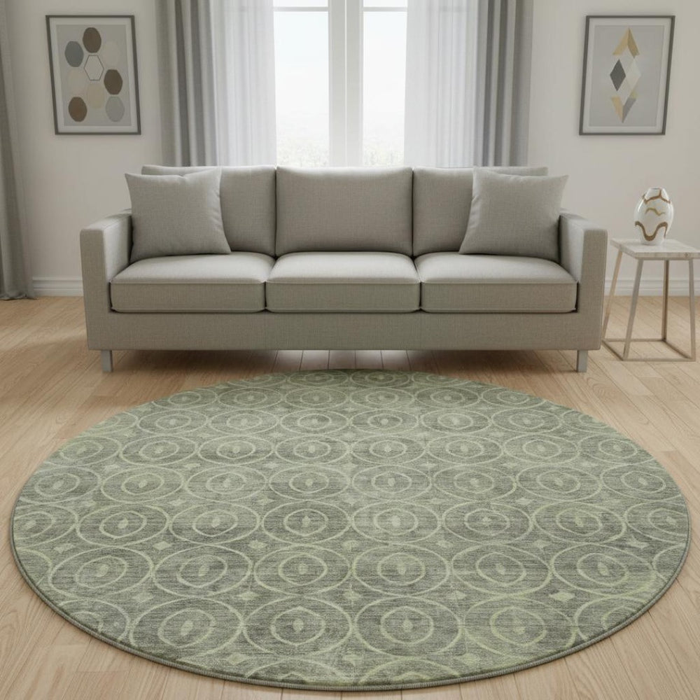 HomeRoots 8' X 8' Artichoke Green & Ivory Geometric Round Rug - Washable, UV Protected, Durable & Stylish! 691857