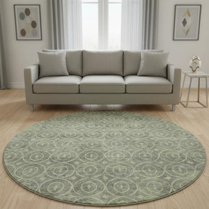 HomeRoots 8' X 8' Artichoke Green & Ivory Geometric Round Rug - Washable, UV Protected, Durable & Stylish! 691857