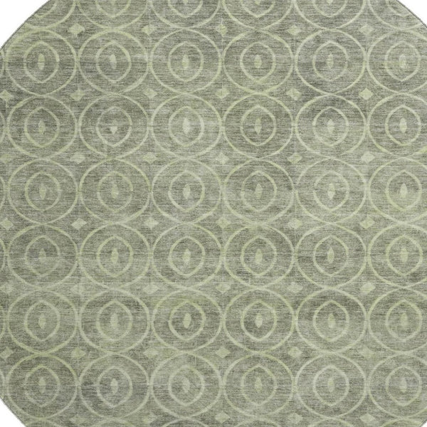 HomeRoots 8' X 8' Artichoke Green & Ivory Geometric Round Rug - Washable, UV Protected, Durable & Stylish! 691857