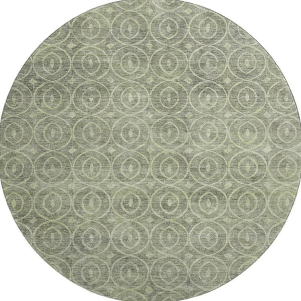 HomeRoots 8' X 8' Artichoke Green & Ivory Geometric Round Rug - Washable, UV Protected, Durable & Stylish! 691857