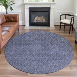 HomeRoots 8' X 8' Washable Denim Blue & Ivory Geometric Round Rug with UV Protection for High Traffic Spaces 691869