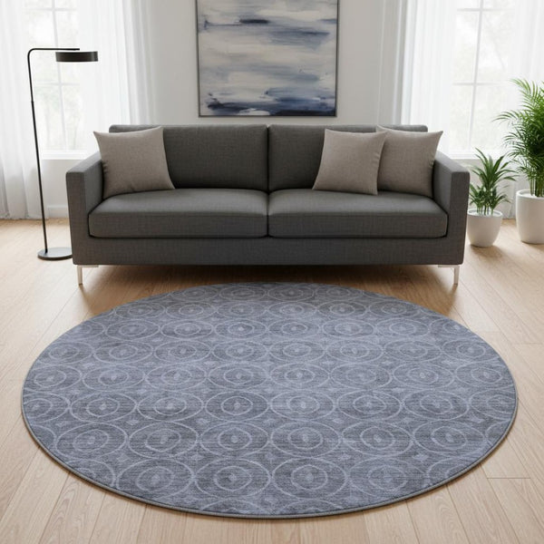 HomeRoots 8' X 8' Washable Denim Blue & Ivory Geometric Round Rug with UV Protection for High Traffic Spaces 691869