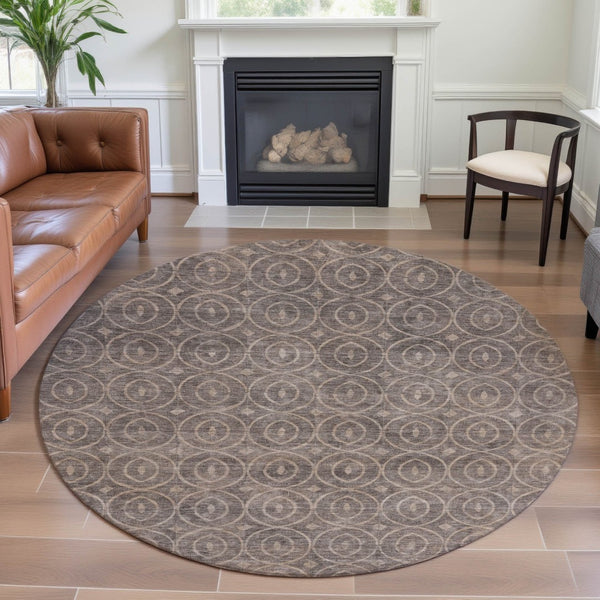 HomeRoots 8' X 8' Stylish Geometric Washable Round Rug in Coffee & Beige - UV Protected, Durable & Easy Care 691875